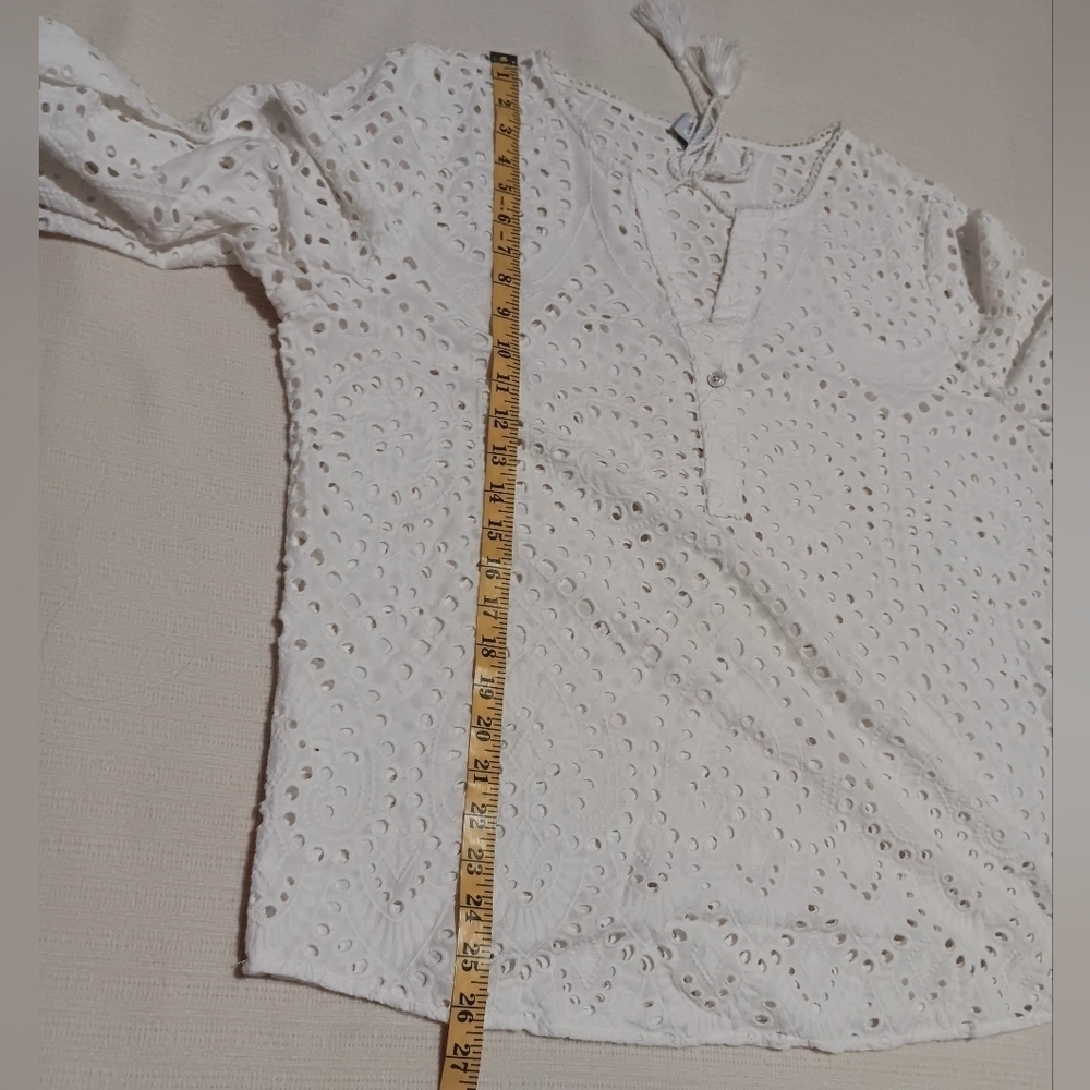 Chicos  Eyelet Tunic Top  White Tassled Cotton Cottagecore Boho Coastal SZ 16/18 - Picture 6 of 10